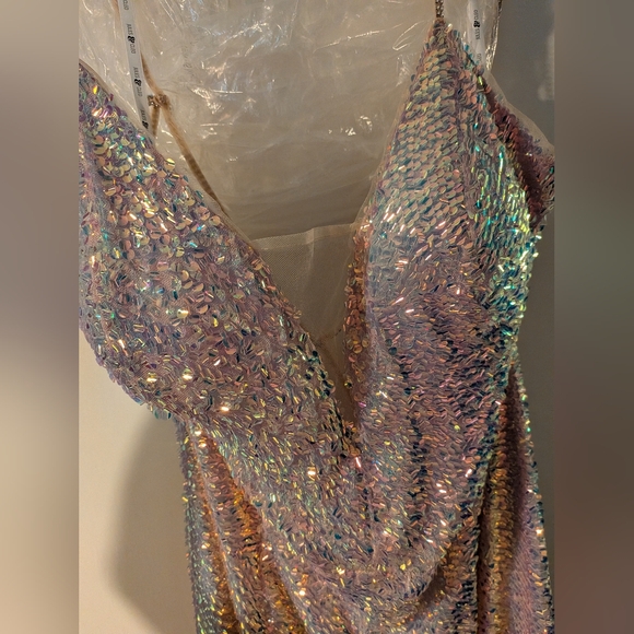 Stretch Sequin Prom Dress with Illusion V-Neck Gown in Iridescent Pink 20 - Picture 2 of 9